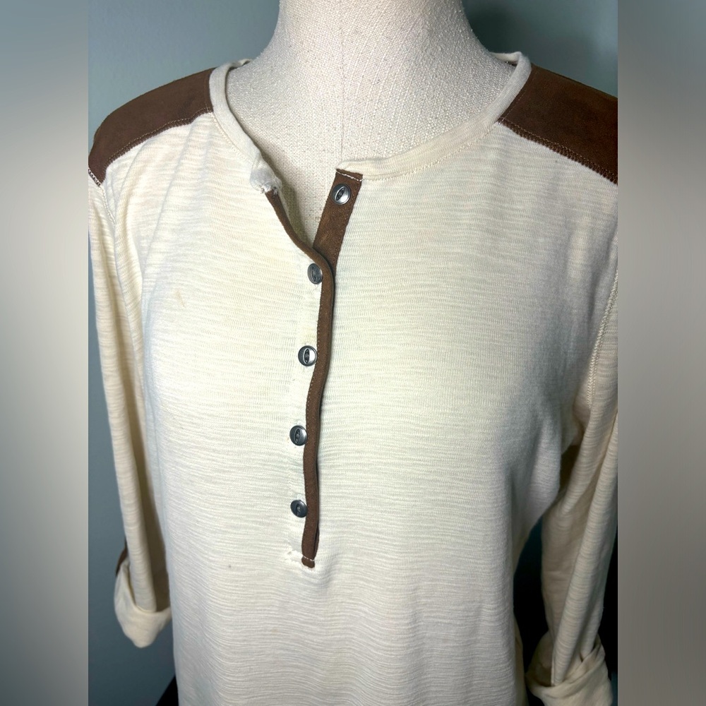 Ralph Lauren Cream color Henley with brown faux suede trim in size medium